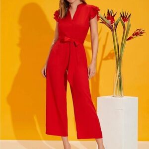 Ruffle Sleeve Red Jumpsuit